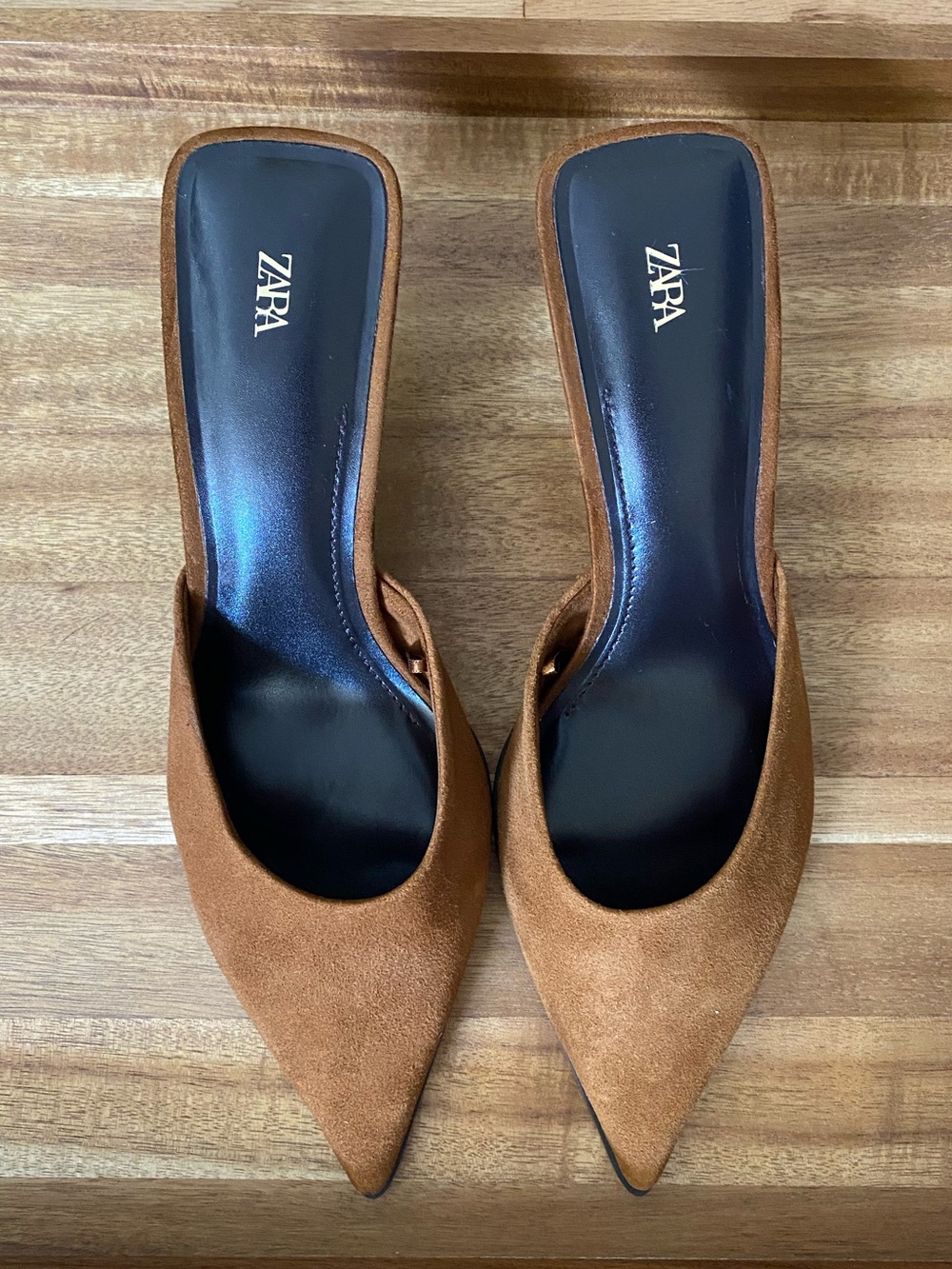 ZARA Brown Suede Pointed-Toe Slip-On Mules